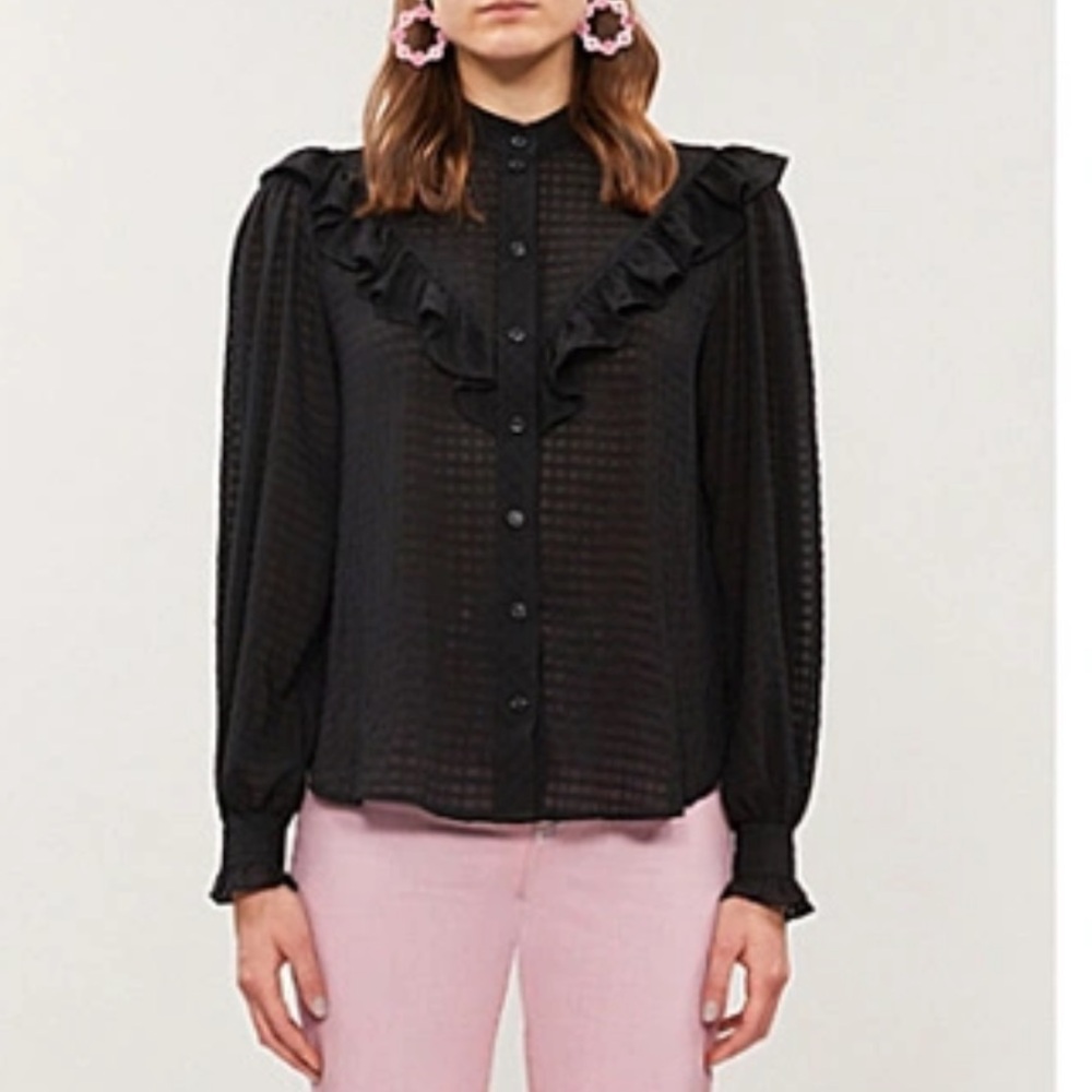 Ganni ruffle trim Seersucker Sheer Chiffon Black Top 36 M S